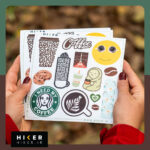 شیت استیکر خاص قهوه با لیوان کافی، دانه قهوه، کوکی، ماچا و نوشته‌های مرتبط با کافه