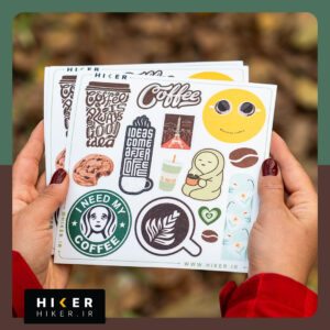 شیت استیکر خاص قهوه با لیوان کافی، دانه قهوه، کوکی، ماچا و نوشته‌های مرتبط با کافه