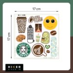 شیت استیکر با کیفیت قهوه با لیوان کافی، دانه قهوه، کوکی، ماچا و نوشته‌های مرتبط با کافه سایز ۱۷ سانتی‌متر