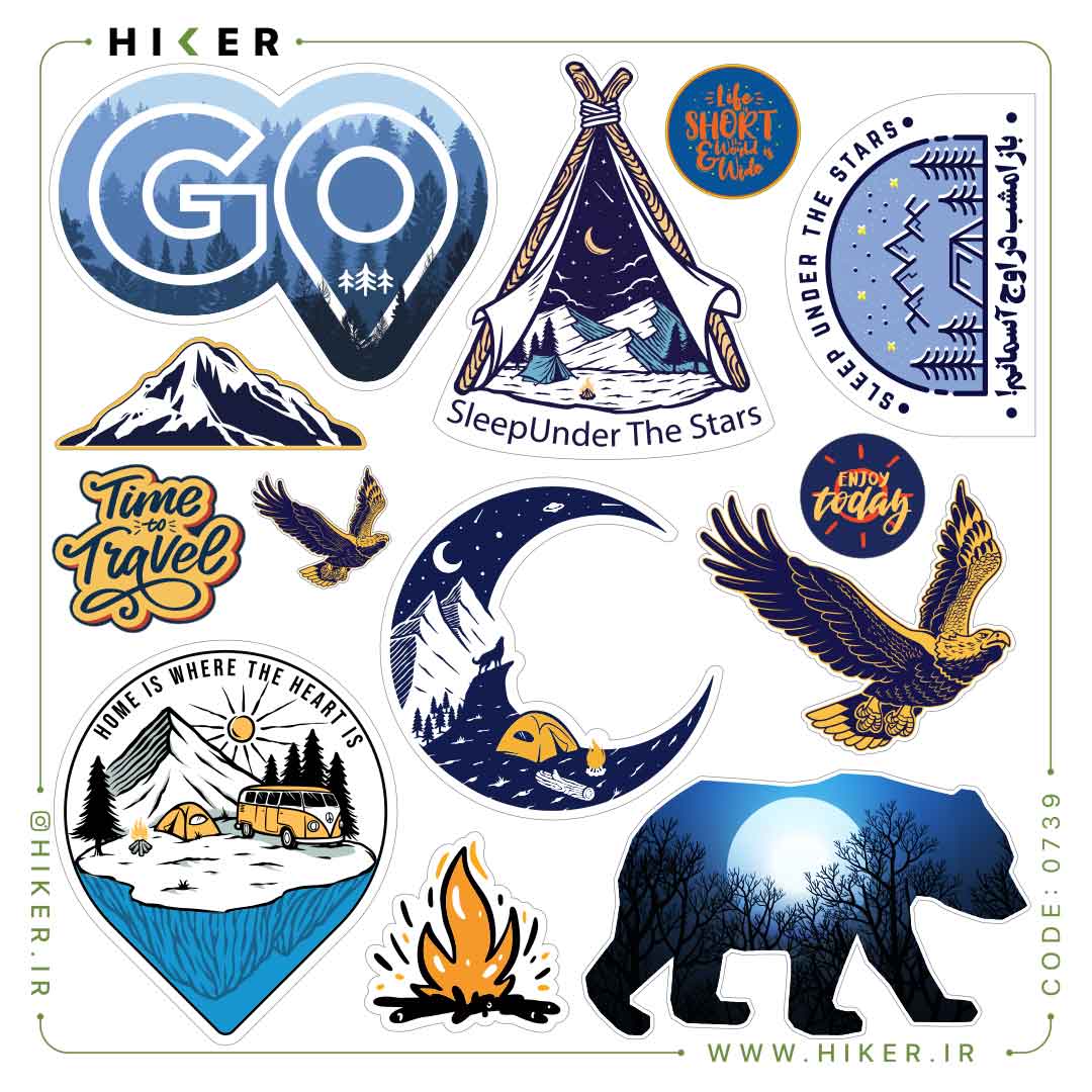 Hiker-Sticker-Sheet-0739-01 شیت استیکر کمپینگ و طبیعتگردی با طرح کوه، چادر، آتش، پرنده، ماه و حیوانات ضد آب و ضد خش