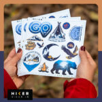 شیت استیکر کمپینگ و طبیعت‌گردی با طرح کوه، چادر، آتش، پرنده، ماه و حیوانات ضد آب و ضد خش