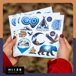 شیت استیکر کمپینگ و طبیعت‌گردی با طرح کوه، چادر، آتش، پرنده، ماه و حیوانات ضد آب و ضد خش