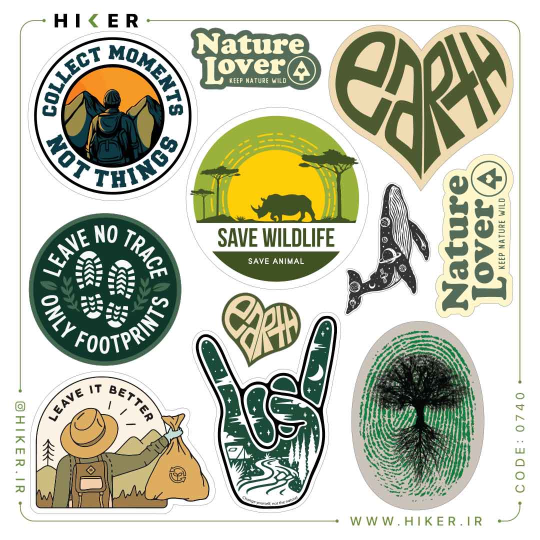 Hiker-Sticker-Sheet-0740-01 شیت استیکر با موضوع طبیعتگردی، حفاظت از محیطزیست و حیاتوحش شامل شعارهایی مثل «فقط ردپا به جا بگذار» و «حیاتوحش را نجات دهید