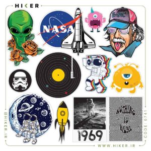 مجموعه‌ای از استیکرهای فانتزی با موضوع فضا و علمی‌تخیلی شامل طرح‌های لوگوی ناسا، فضانورد، آلبرت انیشتین، موجودات فضایی (آدم‌فضایی)، شاتل فضایی و صفحه گرامافون طرح منظومه شمسی.