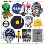 مجموعه‌ای از استیکرهای فانتزی با موضوع فضا و علمی‌تخیلی شامل طرح‌های لوگوی ناسا، فضانورد، آلبرت انیشتین، موجودات فضایی (آدم‌فضایی)، شاتل فضایی و صفحه گرامافون طرح منظومه شمسی.