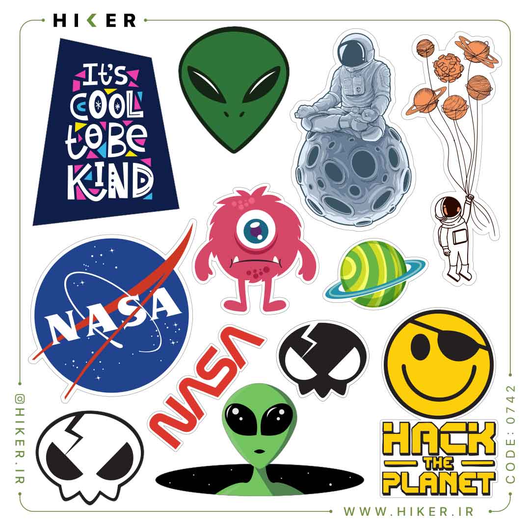 Hiker-Sticker-Sheet-0742-01 شیت استیکر چند طرحی شامل لوگوی ناسا، استیکر هکری Hack the Planet، شکلک لبخند (Smiley) با چشمبند، و شعارهای انگیزشی مانند It's cool to be kind مناسب برای کیس کامپیوتر و اسکوتر.