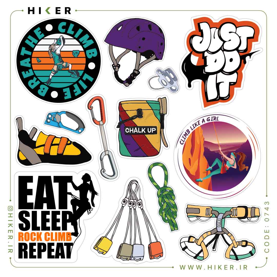 Hiker-Sticker-Sheet-0743-01 مجموعه استیکر صخرهنوردی و سنگنوردی شامل طرحهای گرافیکی کلاه ایمنی، کفش سنگنوردی، کارابین، پودردان و شعارهای ورزشی مانند Eat Sleep Rock Climb Repeat و Climb Like a Girl برای تزیین لپتاپ و تجهیزات کوهنوردی.