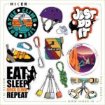 مجموعه استیکر صخره‌نوردی و سنگ‌نوردی شامل طرح‌های گرافیکی کلاه ایمنی، کفش سنگ‌نوردی، کارابین، پودردان و شعارهای ورزشی مانند Eat Sleep Rock Climb Repeat و Climb Like a Girl برای تزیین لپ‌تاپ و تجهیزات کوهنوردی.