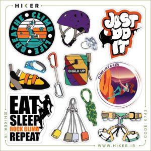 مجموعه استیکر صخره‌نوردی و سنگ‌نوردی شامل طرح‌های گرافیکی کلاه ایمنی، کفش سنگ‌نوردی، کارابین، پودردان و شعارهای ورزشی مانند Eat Sleep Rock Climb Repeat و Climb Like a Girl برای تزیین لپ‌تاپ و تجهیزات کوهنوردی.