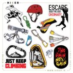 شیت استیکر صخره‌نوردی و کوهنوردی شامل طرح‌های فنی هلمت قرمز، هارنس، کفش سنگ‌نوردی، کارابین با نمای طبیعت و کمپینگ، و جملات انگیزشی ورزشی مانند Escape the Ordinary و No Pain No Gain برای تزیین لوازم کوهنوردی و لپ‌تاپ.
