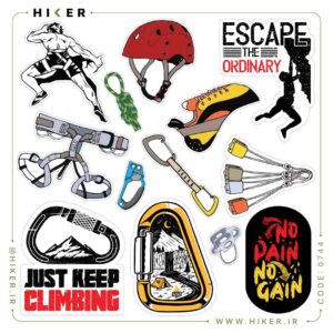 شیت استیکر صخره‌نوردی و کوهنوردی شامل طرح‌های فنی هلمت قرمز، هارنس، کفش سنگ‌نوردی، کارابین با نمای طبیعت و کمپینگ، و جملات انگیزشی ورزشی مانند Escape the Ordinary و No Pain No Gain برای تزیین لوازم کوهنوردی و لپ‌تاپ.