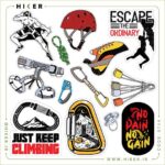 شیت استیکر صخره‌نوردی و کوهنوردی شامل طرح‌های فنی هلمت قرمز، هارنس، کفش سنگ‌نوردی، کارابین با نمای طبیعت و کمپینگ، و جملات انگیزشی ورزشی مانند Escape the Ordinary و No Pain No Gain برای تزیین لوازم کوهنوردی و لپ‌تاپ.