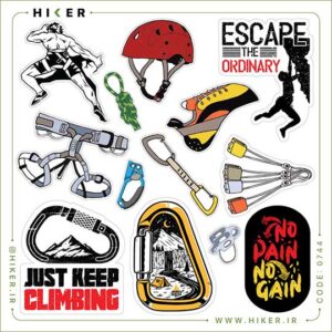شیت استیکر صخره‌نوردی و کوهنوردی شامل طرح‌های فنی هلمت قرمز، هارنس، کفش سنگ‌نوردی، کارابین با نمای طبیعت و کمپینگ، و جملات انگیزشی ورزشی مانند Escape the Ordinary و No Pain No Gain برای تزیین لوازم کوهنوردی و لپ‌تاپ.
