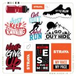 شیت استیکر ورزشی مخصوص دویدن و تریل رانینگ شامل لوگوی استراوا (Strava)، بطری آب ورزشی، و جملات انگیزشی نظیر Just Keep Running، Never Give Up و Go Outside برای تزیین قمقمه، لپ‌تاپ و تجهیزات ورزشی.