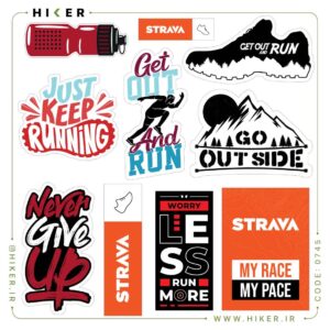 شیت استیکر ورزشی مخصوص دویدن و تریل رانینگ شامل لوگوی استراوا (Strava)، بطری آب ورزشی، و جملات انگیزشی نظیر Just Keep Running، Never Give Up و Go Outside برای تزیین قمقمه، لپ‌تاپ و تجهیزات ورزشی.