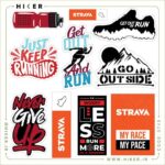 شیت استیکر ورزشی مخصوص دویدن و تریل رانینگ شامل لوگوی استراوا (Strava)، بطری آب ورزشی، و جملات انگیزشی نظیر Just Keep Running، Never Give Up و Go Outside برای تزیین قمقمه، لپ‌تاپ و تجهیزات ورزشی.