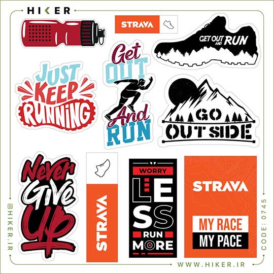 Hiker-Sticker-Sheet-0745-01a شیت استیکر ورزشی مخصوص دویدن و تریل رانینگ شامل لوگوی استراوا (Strava)، بطری آب ورزشی، و جملات انگیزشی نظیر Just Keep Running، Never Give Up و Go Outside برای تزیین قمقمه، لپتاپ و تجهیزات ورزشی.