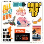 مجموعه استیکر دویدن و ورزش هوازی شامل طرح‌های گرافیکی کفش‌های بال‌دار، عینک ورزشی ریفلکتیو، قمقمه آب، لوگوی Strava و جملات انگیزشی نظیر Eat Sleep Run Repeat و Never Give Up برای شخصی‌سازی لوازم ورزشی و بطری آب.