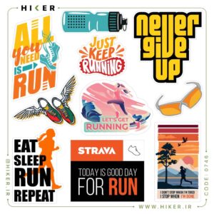 مجموعه استیکر دویدن و ورزش هوازی شامل طرح‌های گرافیکی کفش‌های بال‌دار، عینک ورزشی ریفلکتیو، قمقمه آب، لوگوی Strava و جملات انگیزشی نظیر Eat Sleep Run Repeat و Never Give Up برای شخصی‌سازی لوازم ورزشی و بطری آب.