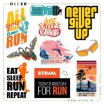 مجموعه استیکر دویدن و ورزش هوازی شامل طرح‌های گرافیکی کفش‌های بال‌دار، عینک ورزشی ریفلکتیو، قمقمه آب، لوگوی Strava و جملات انگیزشی نظیر Eat Sleep Run Repeat و Never Give Up برای شخصی‌سازی لوازم ورزشی و بطری آب.