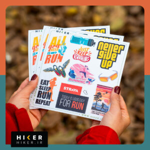 ورق استیکر با تم رانینگ دارای تصاویری از: سیلوییت زن دونده در غروب با متن I don't stop when I'm tired، دونده‌ای در میان موج‌های صورتی با شعار Let's Get Running، و برچسب‌های تایپوگرافی زرد و نارنجی مانند All You Need is Run و Today is Good Day for Run.